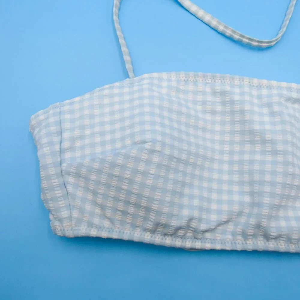 Victorias Secret Small White Blue Check Padded Halter Bikini Top Ribbed Swimwear